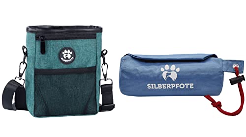 Silberpfote® Leckerlibeutel und Futterbeutel für Hunde im Set - Futterdummy zum Apportieren Plus Praktischer Leckerlibeutel für das Training mit dem Hund (Grün - Blau) von Silberpfote