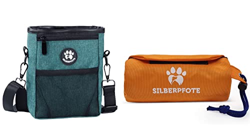 Silberpfote® Leckerlibeutel und Futterbeutel für Hunde im Set - Futterdummy zum Apportieren Plus Praktischer Leckerlibeutel für das Training mit dem Hund (Grün - Orange) von Silberpfote