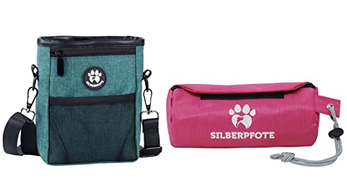 Silberpfote® Leckerlibeutel und Futterbeutel für Hunde im Set - Futterdummy zum Apportieren Plus Praktischer Leckerlibeutel für das Training mit dem Hund (Grün - Pink/Lila) von Silberpfote