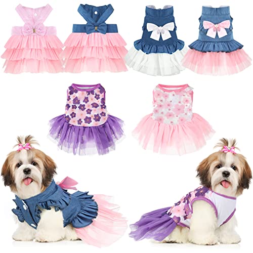 6 Stück Hundekleider Niedliche Welpen Schleife Knoten Kleid Tutu Hund Prinzessin Kostüm Denim Haustier Hund Outfit Sommer Gestreiftes Mesh Welpen Hundekleider Atmungsaktive Hundekleidung für kleine Hunde Mädchen, 6 Stile von Silkfly