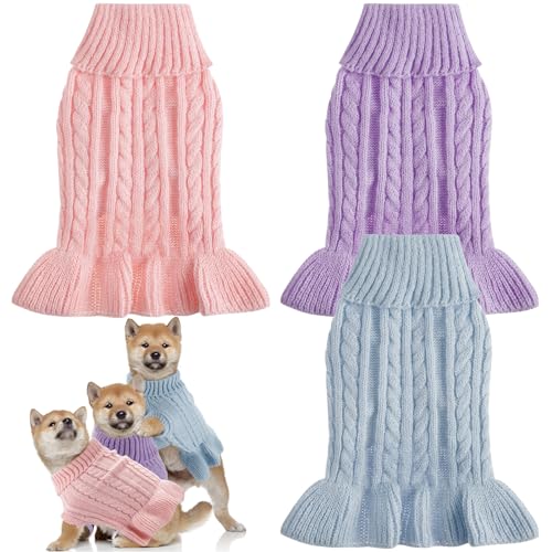 Silkfly 3 Stück Hundepullover Herbst Winter Rollkragen Fleece Hundekostüme Warme Mädchen Hund Zubehör Kleine Hundekleidung Weibliche Kleider für Hunde Einfarbig Blau Lila Rosa Pullover für Welpen (L) von Silkfly