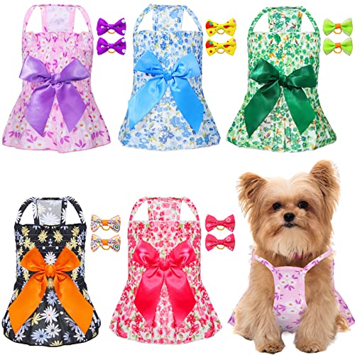 Silkfly 5 Stück Hundekleid für Haustierprinzessin Hundekleid mit Schleife, Mädchen, Hundekleidung, Welpen, Kleidung mit Schleife, Haarseil, Welpenrock für weibliche Katze, 5 Stile (Medium) von Silkfly