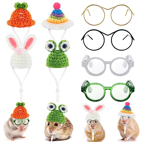 Silkfly 8 Stück Hamsterhut Haustier Runde Kostüm Brille inklusive 4 Stück gestrickte kleine Tiere Hut mit verstellbarem Riemen und 4 Paar Haustierbrillen für kleine Tiere Eidechsen Meerschweinchen von Silkfly