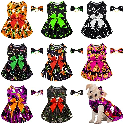 Silkfly 8-teiliges Halloween-Hundekleid-Set, lustig, Kürbis, Geist, Skelett, Haustierröcke, Halloween, Urlaub, Welpen, Prinzessin, Kleider, Outfits, Schleife, Haarschleifen, Haustierkleider für von Silkfly