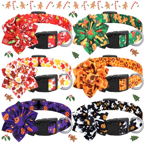 Silkfly Weihnachts-Hundehalsbänder für Hunde, 6 Stück, mit Blume, Ahorn, Hundehalsband, Türkei, Haustierhalsband, Kürbis, verstellbares Hundehalsband mit Kunststoffschnalle für Welpen, Hunde (Größe S) von Silkfly