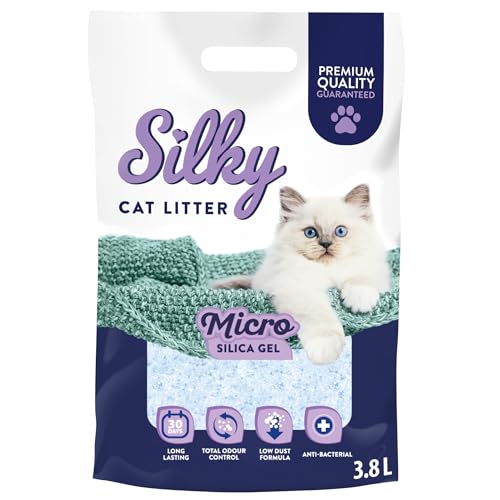 Silky Mikro Silikat-Katzenstreu 3,8L | Staubfrei, Geruchskontrolle, Saugfähig, Bakterienhemmend, Sanft zu Pfoten, Lang anhaltende Frische, Silica von Silky