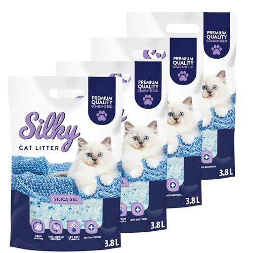 Silky Silikat Katzenstreu, Staubfrei Unparfümiert Kristall Silikatstreu, Geruchsneutral, Hohe Saugkraft, Antibakteriell | 15,2L - 4er-Pack von Silky