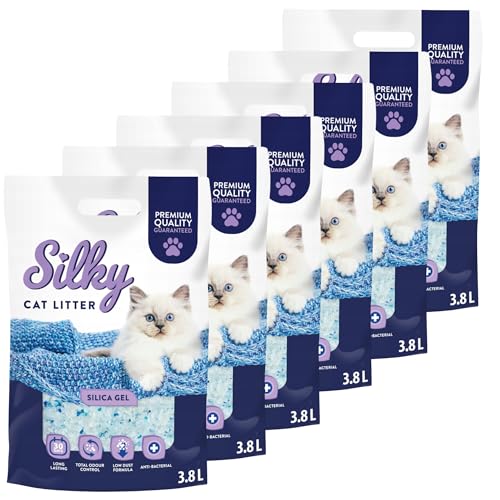 Silky Silikat Katzenstreu, Staubfrei Unparfümiert Kristall Silikatstreu, Geruchsneutral, Hohe Saugkraft, Antibakteriell | 22,8L - 6er-Pack von Silky