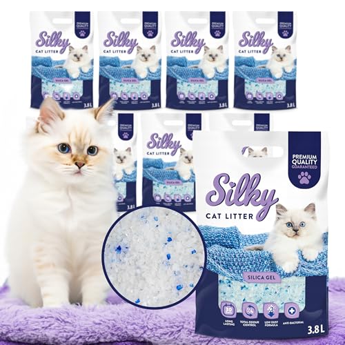 Silikat-Katzenstreu | Silky Silikatstreu 3,8L | Hervorragende Geruchskontrolle, Staubfrei, Bakterienhemmend, Weich an den Pfoten, Extrem Saugfähig, Lang Anhaltende Frische, Silica | 30,4L - 8er-Pack von Silky