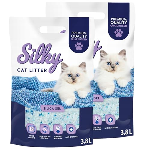 Silky Silikat Katzenstreu, Staubfrei Unparfümiert Kristall Silikatstreu, Geruchsneutral, Hohe Saugkraft, Antibakteriell | 7,6L - 2er-Pack von Silky