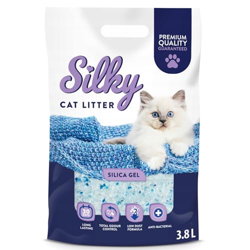 Silikat-Katzenstreu | Silky Silikatstreu 3,8L | Hervorragende Geruchskontrolle, Staubfrei, Bakterienhemmend, Weich an den Pfoten, Extrem Saugfähig, Lang Anhaltende Frische, Silica von Silky