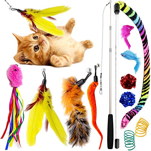 SillyPet Katzenspielzeug, Federspielzeug, einziehbarer Zauberstab mit verschiedenen Nachfüllpackungen, interaktiver Feder-Spielzeug, Glocke für Kätzchen von SillyPet
