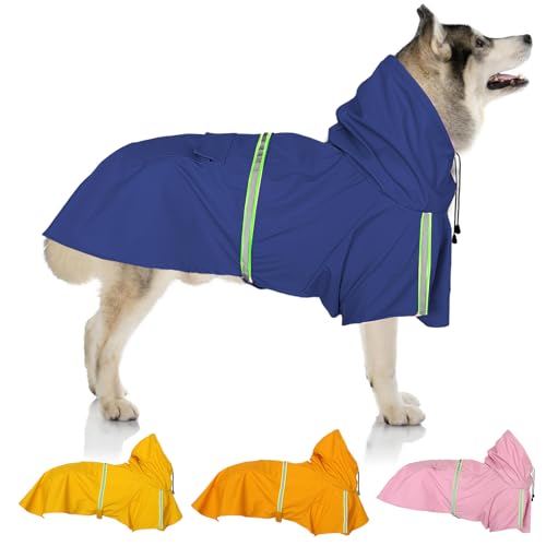 Regenmantel für Hunde, SilverChry Regenjacke für Hunde, Wasserdicht mit Kapuze, Atmungsaktiv, Wasserdicht für Haustiere, Welpen, Regenponcho mit reflektierenden Streifen (Blau, 4XL) von SilverChry