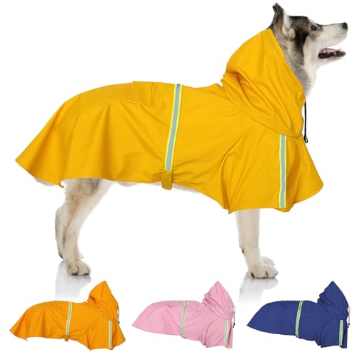 Regenmantel für Hunde, SilverChry Regenjacke für Hunde, Wasserdicht mit Kapuze, Atmungsaktiv, Wasserdicht für Haustiere, Welpen, Regenponcho mit reflektierenden Streifen (Gelb, 4XL) von SilverChry