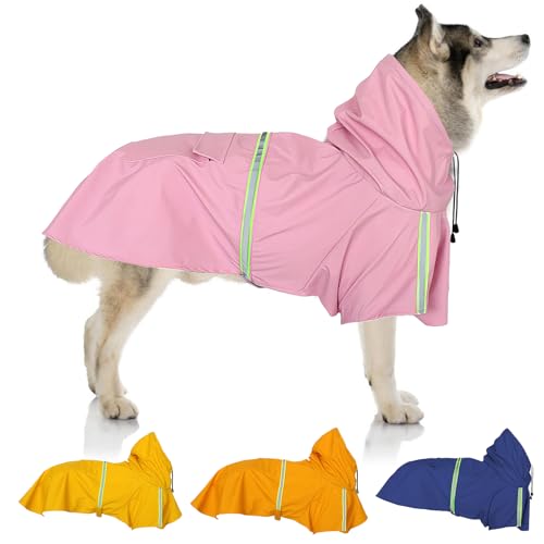 Regenmantel für Hunde, SilverChry Regenjacke für Hunde, Wasserdicht mit Kapuze, Atmungsaktiv, Wasserdicht für Haustiere, Welpen, Regenponcho mit reflektierenden Streifen (Rosa, 4XL) von SilverChry