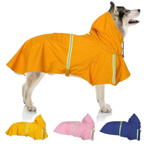 Regenmantel für Hunde, SilverChry Regenjacke für Hunde, Wasserdicht mit Kapuze, Atmungsaktiv, Wasserdicht für Haustiere, Welpen, Regenponcho mit reflektierenden Streifen (orange, 4XL) von SilverChry