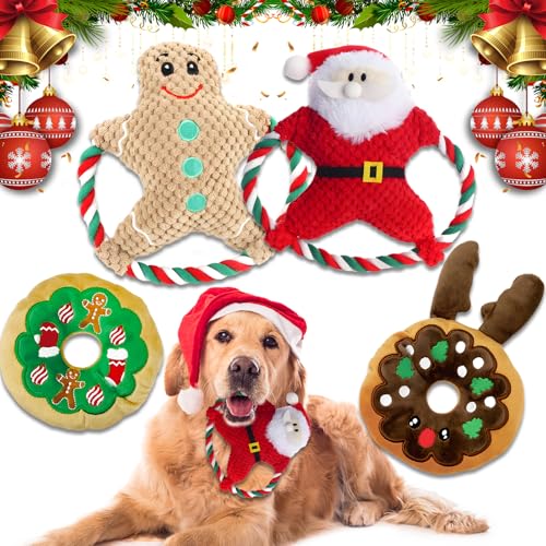 SilverChry 4er-Pack Hundespielzeug Weihnachten, Hunde Kuscheltiere, Hundespielzeug Quietschend, Interaktives Hundespielzeug, Kauspielzeug für Hunde, Plüschtier für Hunde, Unkaputtbar Hundespielzeug von SilverChry