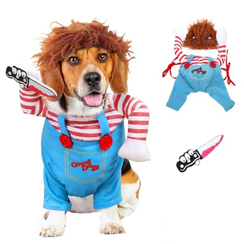 Halloween Kostüme für Hunde Killer Größe l, SilverChry Hundekostüm Halloween, Hundekostüm, Hundekostüm Chucky Puppe Cosplay für Halloween Haustier Cosplay Party, Haustier Cosplay Party Anzug (S) von SilverChry