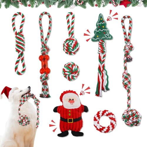 SilverChry Hundespielzeug Weihnachten Set, 8pcs Weihnachts Hhundeseilspielzeug, Kauspielzeug Hund Weihnachten, Weihnachten Hundespielzeug, Hundespielzeug Seil Kauspielzeug für Weihnachten von SilverChry