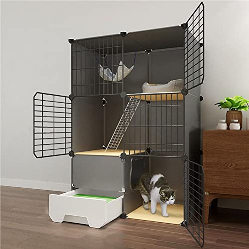 Katzenkäfige für den Innenbereich, groß, mit Katzentoilette, DIY-Katzenlaufstall in Schwarz, Katzengehege für den Innenbereich, Laufstall für Haustiere, mit Katzenstreuschaufel + Leiter + Ka von SimKha