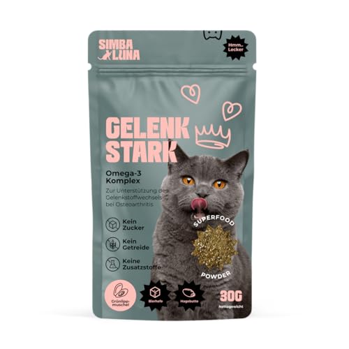 Simbaluna Gelenk Stark Pulver 30g – Monatsration – Superfood für Katzen zur Unterstützung des Gelenkstoffwechsels bei Osteoarthritis - Mit Grünlippmuschel, Glucosamin & MSM von Simbaluna