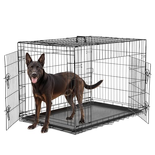 Simple Deluxe Mittelgroße Hundebox mit Trennwand, Doppeltür, zusammenklappbarer Metalldrahtkäfig mit auslaufsicherer Kunststoffschale, tragbarer Haustierhütte für drinnen, draußen, Reisen, 91,4 cm von Simple Deluxe