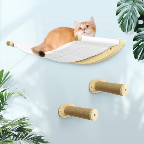 Katzen Kletterwand Set,Kletterwand Katzen XL Extra Stabil und Groß,Katzenhängematte & 2 Katzenleiter, Kratzbaum, Katzenbett zum Klettern aus Natur-Holz von Simsky