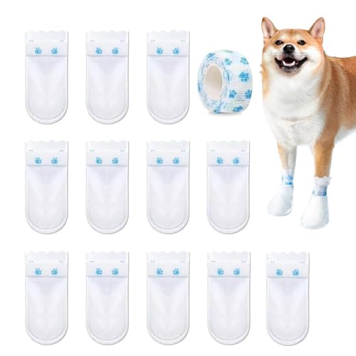 Sionhiuo Hundepfotenschuhe, 12 x Vlies-Hundesocken, wasserdicht, Hundefüße mit selbstklebender Bandage für Spaziergänge im Freien und drinnen von Sionhiuo