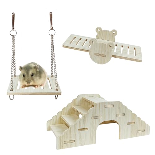 Sirvarni 3-teiliges Hamsterspielzeug aus Holz, Kleintier-Wippe, Holzbrücke mit Versteck, Schaukel, Zwergkäfig-Zubehör, DIY-Übungsspielzeug für Kleintiere, Haustiere, Hamster, Ratten, Rennmäuse von Sirvarni