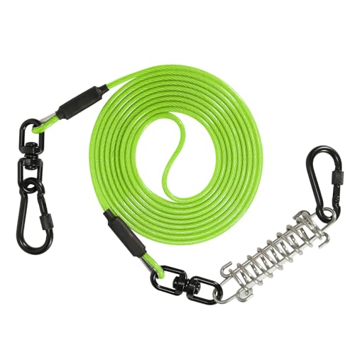 Sisifish Haustier-Auslaufkabel für Hunde, Hunde-Läuferkabel mit Drehhaken und Stoßfeder, Hundeleine für Hof, Outdoor und Camping, Grün, 4 mm x 30 m von Sisifish