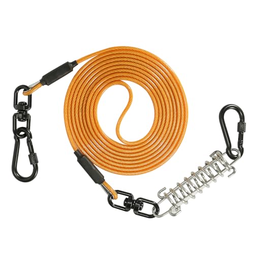 Sisifish Haustier-Auslaufkabel für Hunde, Hunde-Läuferkabel mit Drehhaken und Stoßfeder, Hundeleine für Hof, Outdoor und Camping, Orange, 4 mm x 3 m von Sisifish