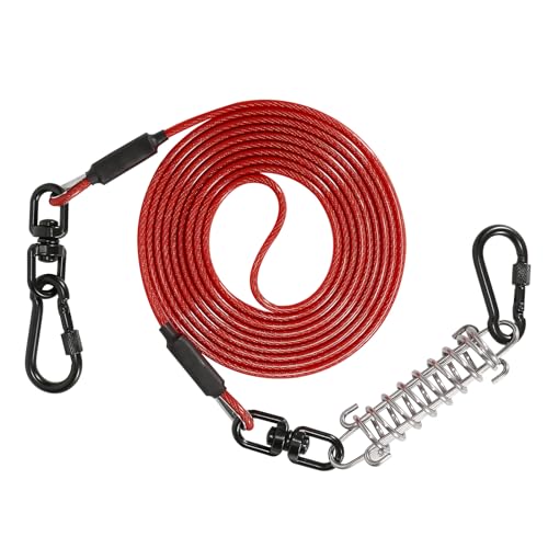 Sisifish Haustier-Auslaufkabel für Hunde, Hunde-Läuferkabel mit Drehhaken und Stoßfeder, Hundeleine für Hof, Outdoor und Camping, Rot, 4 mm x 9 m von Sisifish