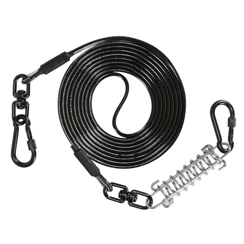 Sisifish Haustier-Auslaufkabel für Hunde, Hunde-Läuferkabel mit Drehhaken und Stoßfeder, Hundeleine für Hof, Outdoor und Camping, Schwarz, 4 mm x 15 m von Sisifish