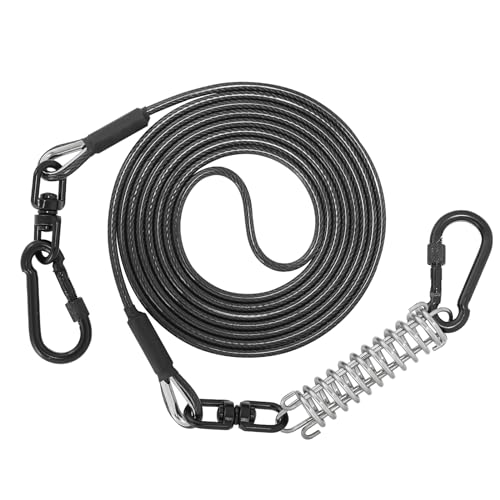 Sisifish Haustier-Auslaufkabel für Hunde, Hunde-Läuferkabel mit Drehhaken und Stoßfeder, Hundeleine für Hof, Outdoor und Camping, Schwarz, 5 mm x 15 m von Sisifish