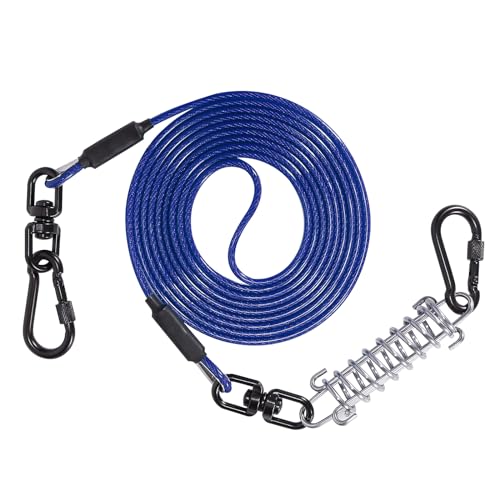 Sisifish Haustier-Auslaufkabel für Hunde, Hundeleinenkabel mit Drehhaken und Stoßfeder, Hundeleine für Hof, Outdoor und Camping, Blau, 4 mm x 15 m von Sisifish