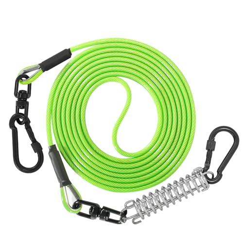 Sisifish Haustier-Auslaufkabel für Hunde, Hundeleinenkabel mit Drehhaken und Stoßfeder, Hundeleine für Hof, Outdoor und Camping, Grün, 5 mm x 15 m von Sisifish