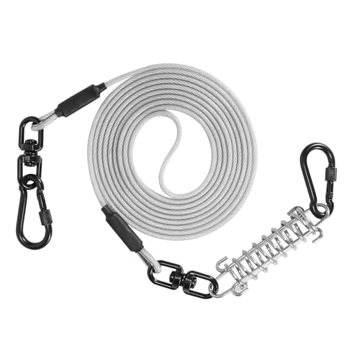 Sisifish Haustier-Auslaufkabel für Hunde, Hundeleinenkabel mit Drehhaken und Stoßfeder, Hundeleine für Hof, Outdoor und Camping, silberfarben, 4 mm x 30 m von Sisifish