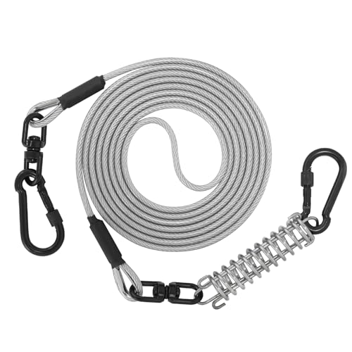 Sisifish Haustier-Auslaufkabel für Hunde, Hundeleinenkabel mit Drehhaken und Stoßfeder, Hundeleine für Hof, Outdoor und Camping, silberfarben, 5 mm x 30 m von Sisifish