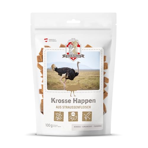 SISSI & FRANZ Krosse Happen aus Strauß, 100g, rein natürliche Leckerli aus 100% Straußenfleisch, getreidefrei, Perfekter Hunde-Snack bei Einer Trainingseinheit von Sissi & Franz