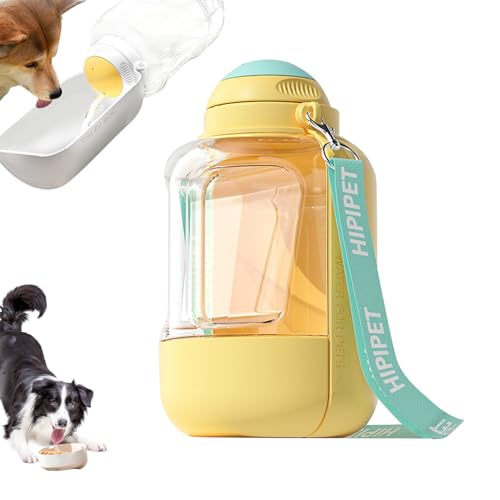 Hund Trinkflasche, Hund Trinkflasche und Futterflasche 2-in-1, tragbarer Hundewassernapf geeignet zum Spazierengehen, Wandern und Reisen (Gelb, L) von Skeadex