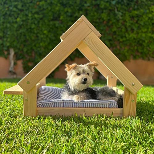 Skraut Home - Hundehütte in Naturfarbe – Bett aus Naturholz FSC für kleine und mittelgroße Hunde und Katzen – Haus für Tiere – 2 Napfhalterungen 76 x 44 x 55 cm von Skraut Home