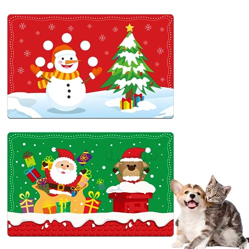 Sliner 2 Pcs Christmas Pet Food Mat Waterproof Non Slip Dog Food Mats Large Dog Bowl Mat Dog Feeder Mat Dog Feeder Mat Snowman Santa Claus Christmas Tree Rentier Cat Food Placemat for Food and Water, von Sliner