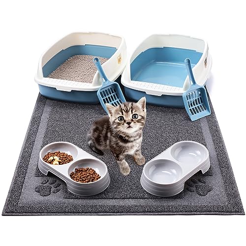 Sliner 7-teiliges Kätzchen-Starter-Set, enthält 2 Kunststoff-Katzentoiletten, Katzentoilette, niedriger Einstieg, Katzentoilette mit Schaufel, 2 Schnurrhaar-freundliche Doppel-Katzennäpfe und von Sliner