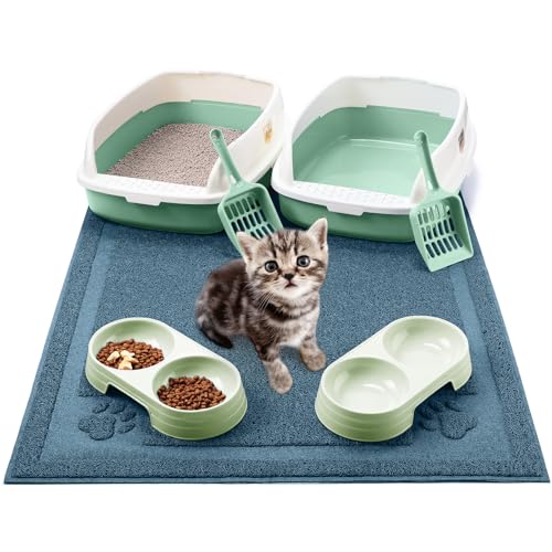 Sliner 7-teiliges Kätzchenklo Starter-Set, 2 kleine Katzentoiletten aus Kunststoff, Training mit niedrigem Einstieg, Katzentoilette mit Schaufel, 2 Schnurrhaar-freundliche Doppel-Katzennäpfe und von Sliner