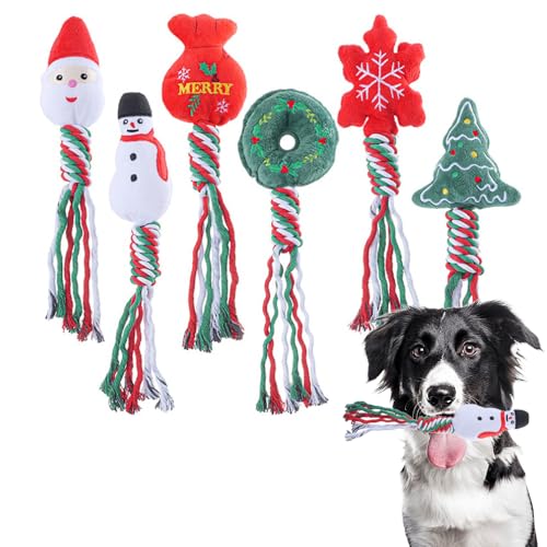 Slipasikao Weihnachtsspielzeug für zahnende Welpen, 6 Stück Weihnachtskauspielzeuge für Hunde, quietschende Plüschspielzeuge für Hunde, robuste Seilspielzeuge für kleine und mittelgroße Hunde (1Set) von Slipasikao