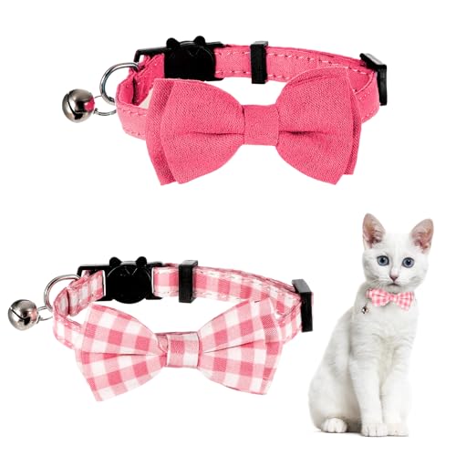 2 Stück Kätzchen Halsband mit Fliege und Glöckchen Süßes Kariertes Katzenhalsbänder für Mädchen und Jungen verstellbares Sicherheitshalsband für Katzen kleine Welpen Haustierhalsband (Pink) von Sliverdew