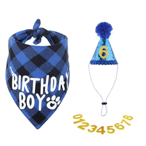 Hunde Geburtstag Hut Bandana Set, Hund Geburtstagsmütze, Hunde Geburtstags Bandana Mütze, niedlicher Hunde-Geburtstagsmütze und Bandana mit goldenen Zahlen für Welpenkatzenhaustie(blau) von Sliverdew