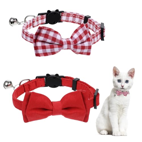 Katzenhalsband für Jungen, Mädchen, Katzen, mit Glöckchen, niedliches Weihnachts-Kätzchen-Fliege, verstellbar, für kleine Welpen, einfarbig, kariert, 2 Stück von Sliverdew