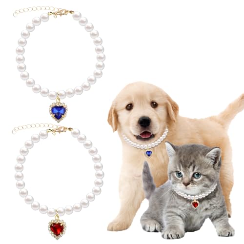 Perlen-Halsband für Hunde und Katzen, kleine Katzen, Schmuck, Zubehör mit Herz, Strass, Geburtstag, Hochzeit, Halsband für Katzen, Welpen, Kleid, Zubehör (blau, rot), 2 Stück von Sliverdew