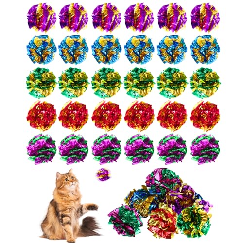 Sliverdew 30 Stück Interaktive Knisterball für Katzen 5,8 cm Katzenballspielzeug Bunte Katzen-Mylar-Knisterbälle Cat Crinkle Ball für Hauskatzen, um fit und aktiv zu bleiben von Sliverdew